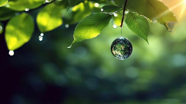A single, clear water droplet, reflecting the Earth, hangs from a thin thread attached to a vibrant green leaf. Sunlight streams through the foliage, creating a