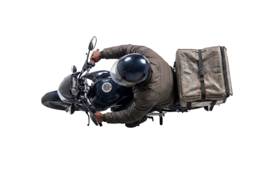 Top-down view of motorcycle delivery rider with insulated backpack on isolated background, professional courier driving motorbike for fast shipping and express logistics service