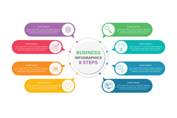 Editable business infographic template design with 8 steps. Infographic template which can be used for presentations banners, workflow layout, annual report, web design.	