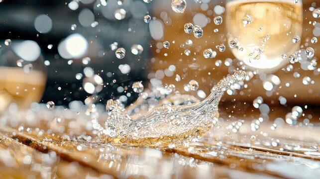 A dynamic close-up shot captures a splash of clear liquid, likely champagne, erupting from a wooden surface. Numerous water droplets are suspended in the air, c - Powered by Adobe