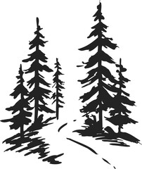 Obraz premium Pine tree silhouette sketch, hand drawn conifer forest with winding path. Vector illustration
