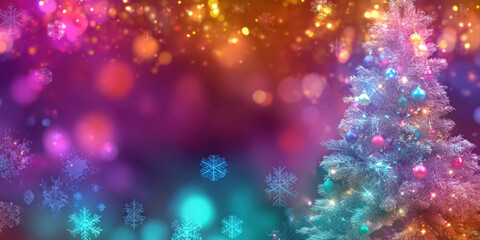 Colorful Christmas tree adorned with ornaments and lights, surrounded by a vibrant bokeh background featuring snowflakes and festive decorations, creating a joyful holiday atmosphere