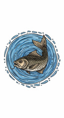 Detailed illustration of a carp swimming in a circular water pattern.