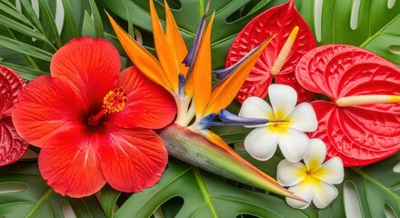 Vibrant tropical flower arrangement with hibiscus bird of paradise and anthurium