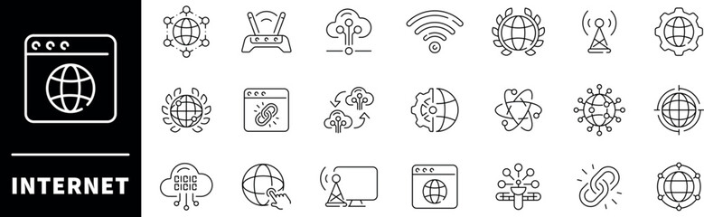 Internet vector icons. Internet thin line icon set. Web browser related icons. Outline icons related to network, internet.