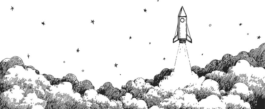 Rocket launch sketch, hand drawn vector with clouds and stars in night sky. Vector illustration