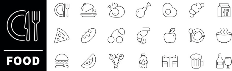 Food vector icons. Food thin line icon set. Nutrition related icons. Hamburger, pizza, meat, coffee. egg, lunch, meal, food