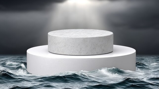 Aerial view of abstract seascape stormy digital art with concrete circular structures