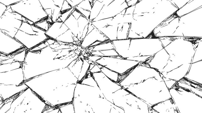 Broken glass sketch, hand drawn style with detailed cracks and shattered fragments. Vector illustration