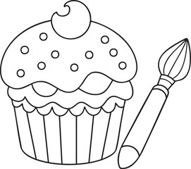 Cupcake with frosting and paintbrush line art for kids creative coloring fun and playful dessert themes