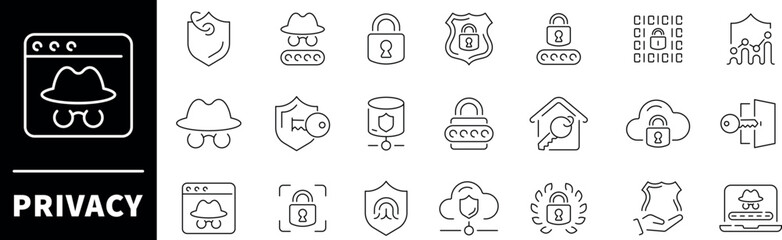 Privacy thin line icon collection. Privacy vector icons. Security icon set. Secured, encryption, safety, insurance, data protection, detector, sensor, locked, password, cybersecurity, privacy icons