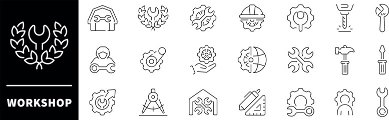 Workshop vector icons. Workshop thin line icons collection. Team building, collaboration, teamwork, coaching, problem-solving and education icons.