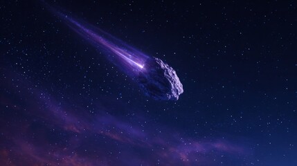 A large rock is falling through the sky. The sky is purple and the rock is glowing. Scene is mysterious and awe-inspiring