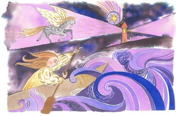 Watercolor and ink illustration. An angel sails a boat through storm. The lighthouse star shines.