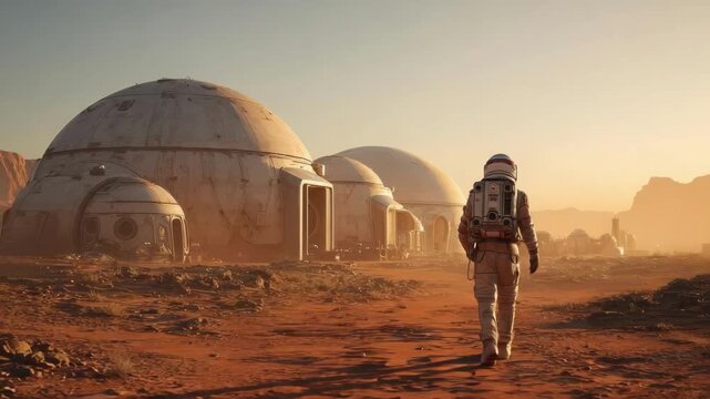 Astronaut in a spacesuit walks across a dusty Martian landscape toward a row of white dome habitats.