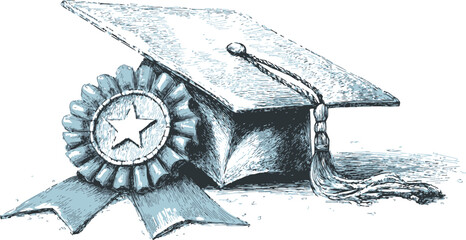 Graduation cap sketch with tassel and award ribbon, hand drawn academic achievement scene. Vector illustration