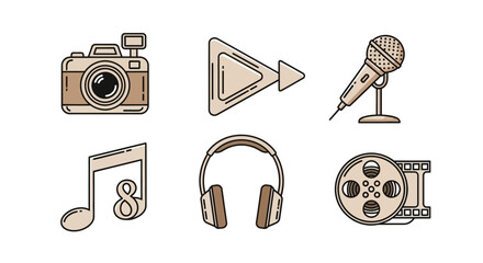 Collection of vintage-style icons representing various media and entertainment elements like a camera, microphone, film reel, and headphones