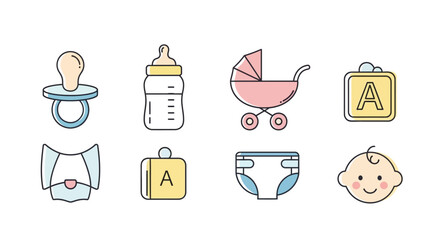 Delicate Line Art Baby Icons Set Pacifier, Bottle, Stroller and More