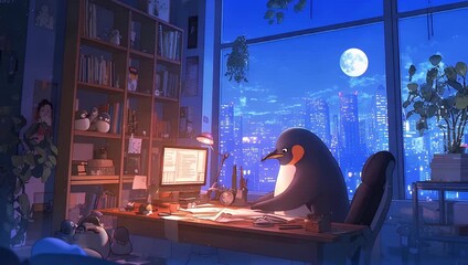 Penguin Programmer at Night