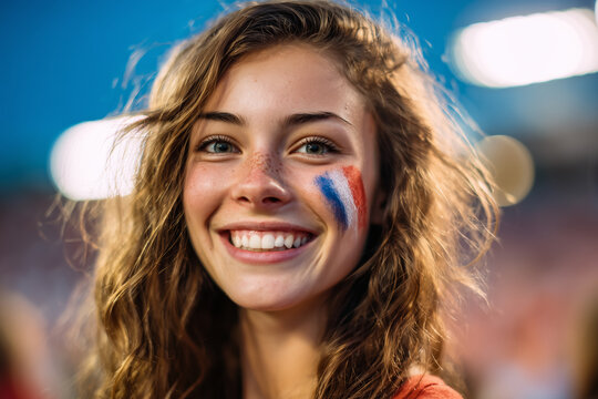 Smiling French fan with painted flag on cheek at stadium - Powered by Adobe