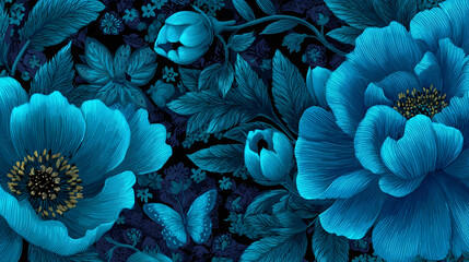 Moody blue floral botanical illustration, dark background, elegant design for wallpaper, textiles, and surface patterns.
