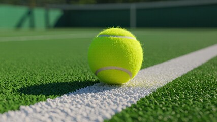 Close-up of a yellow tennis ball resting on a white line on a green outdoor court.