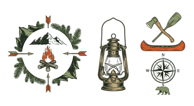 Rustic camping vector elements with pine wreath, campfire, lantern, and outdoor tools for adventure branding