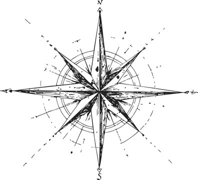 Compass rose sketch, hand drawn nautical star with cardinal directions and grunge details. Vector illustration