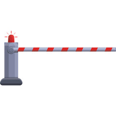 A gray and red striped barrier gate with a red flashing light on top and a transparent background in a side view illustration