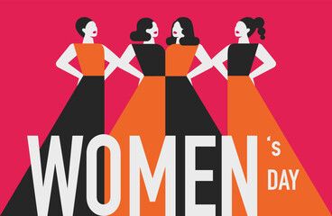 Women's Day greeting card with silhouettes of strong women for 8 march on pink background. Sisterhood and community for girls. Vector illustration