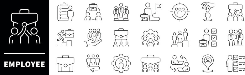 Employee icons set. Employee thin line icon collection. Work, job, coworker, business, teamwork, employee related icons. Editable stroke vector icons