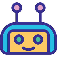 Cute cartoon robot face with antennae and a smiling expression on a transparent background