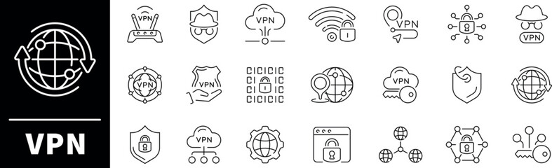 VPN icon set. Virtual private network, VPN thin line vector icons. Internet privacy related icons. Secure connection, cybersecurity, privacy, encrypted, proxy, firewall, online protection