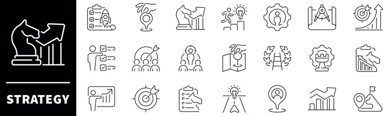 Strategy icon collection. Strategy thin line vector icon set. Planning, action plan, project, management, strategy related icons. Editable stroke vector icons
