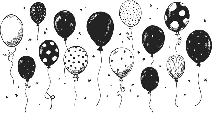 Balloons sketch hand drawn black and white with polka dots and confetti. Vector illustration