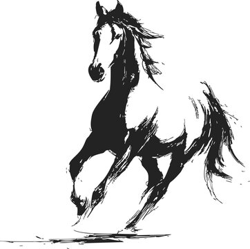 Black horse sketch hand drawn running dynamic pose with flowing mane. Vector illustration