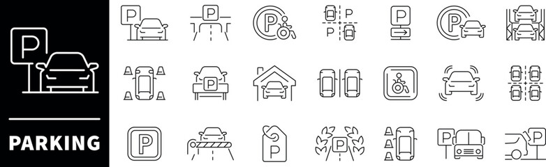 Obraz premium Car parking vector icons set. Car parking icons. Outline parking icons collection. Parking space signs. Parking area symbols.