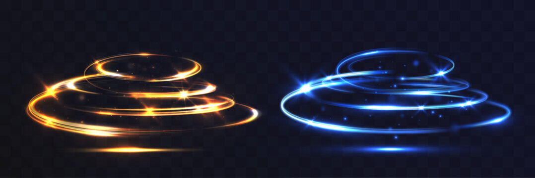 Luminous vortex rings in gold and blue swirling with sparkling particles, creating a fast, luxurious, magical energy spiral on a dark transparent background.
