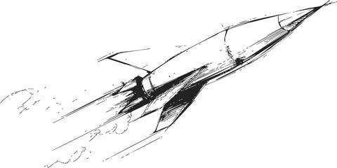 Rocket sketch hand drawn style with dynamic motion lines and smoke trail. Vector illustration