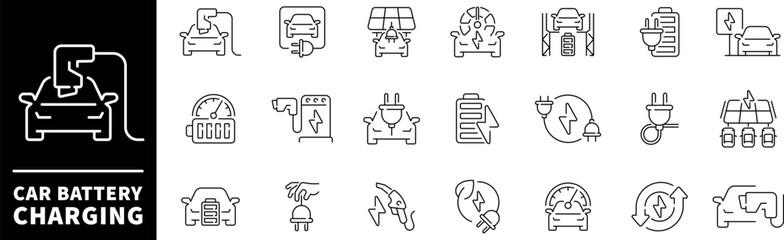 Car battery charging icons. Electric car charge vector icons. Electric vehicles, eco-friendly transportation, and renewable energy related icons. Car battery charge icon