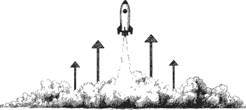 Rocket launch sketch with smoke and upward arrows, hand drawn style. Vector illustration - Powered by Adobe