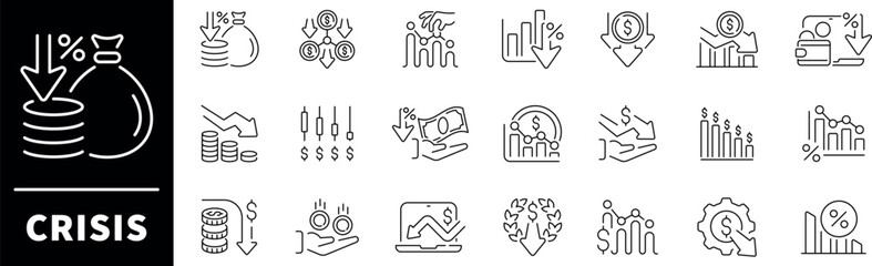 Crisis vector icons. Economic crisis thin line icons set. Decrease, layoff, job fired, pay cuts, low cost, crisis related icons