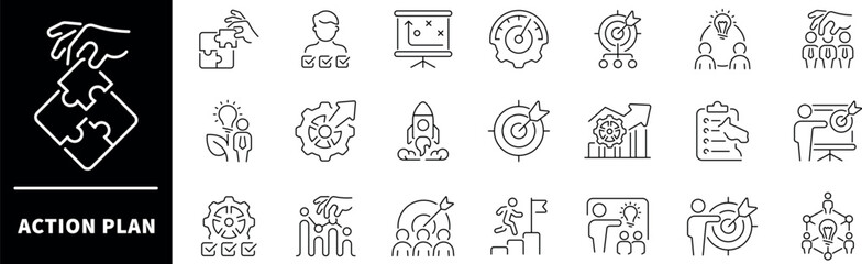 Action plan vector icon set. Action plan thine line icons collection. Planning, schedule, strategy, analysis, tasks, goal, planning related icons