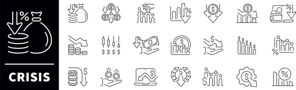 Crisis vector icons. Economic crisis thin line icons set. Decrease, layoff, job fired, pay cuts, low cost, crisis related icons
