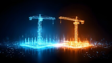 Holographic construction tower cranes in blue and orange colors, digital transformation, industry, future building, technology, competition, engineering.
