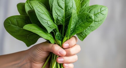 Hand holding a bunch of fresh spinach leaves