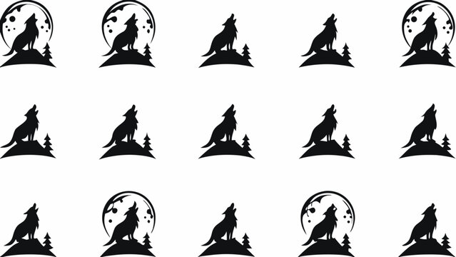 Mystical howling wolf silhouette at night, perfect for striking logo design, nature-themed brand, or unique emblem, originally vector graphics