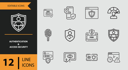 Fototapeta premium 12 Authentication and Access Security Icons outline icon set. Outline access security icons for authentication and entry protection