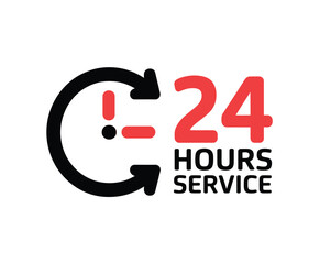 A 24 hours service icon displays a circular arrow around an exclamation mark and the text '24 HOURS SERVICE'.