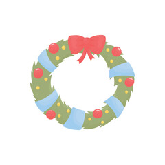 Colorful Christmas wreath with a red bow on a white background. Christmas elements. Home decor.